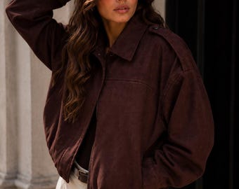 Dames oversized donkerbruin suède bommenwerper boxy fit drop-shoulder super losse jas baggy designer zip-up Y2K streetwear jas cadeau voor haar