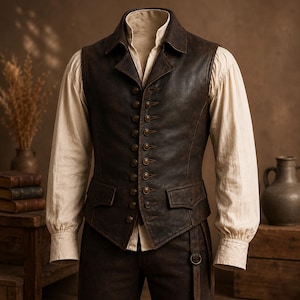 Op de afbeelding: Een donkerbruin leren vest met een knoopsluiting, twee zakken en een reverskraag. Het wordt gedragen over een crèmekleurig shirt met lange mouwen. De outfit wordt gecompleteerd met een bijpassende bruine broek.