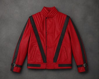 MJ Thriller Biker handgemaakte rode lamsleren jas vintage jaren 80 popster MJ rood Halloween kostuum cosplay MJ Beat It jas cadeau voor hem