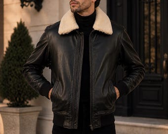 Zwart heren A2 pilotenleren bomberjack van schapenvacht schapenleer A2 Flight 90s retro-stijl varsity leren jas cadeau-voor-mannen