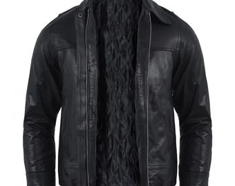 Vintage zwart schapenvachtleren jack voor heren, oversized bomberjack van echt leer, klassieke jaren 90 look, wintermodecadeau
