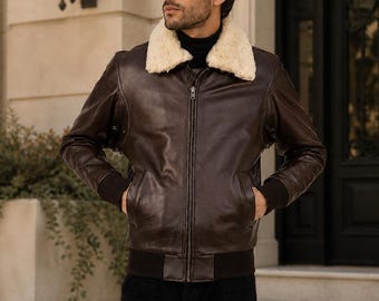Bruin heren A2 pilotenleer bomberjack schapenvacht bontkraag schapenleer A2 Flight jaren 90 retro stijl varsity leren jas cadeau-voor-mannen