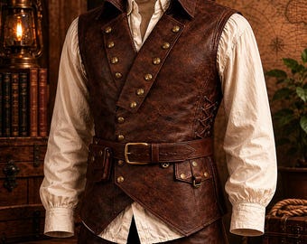 Mannen Handgemaakte Renaissance Piraat Leren Vest Middeleeuwse LARP Cosplay Outfit Vest Buccaneer Cosplay Outfit Steampunk Halloween Piraat Vest