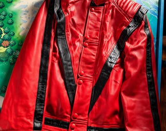 Handgemaakte MJ Thriller Biker lamsvacht rode leren jas jaren 80 popster MJ rode varsity Halloween kostuum jas jaren 80 cosplay jas cadeau-voor-hem