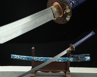 Äkta Hamon Damaskus vikt stål lerhärdat samuraisvärd japansk katana full tang