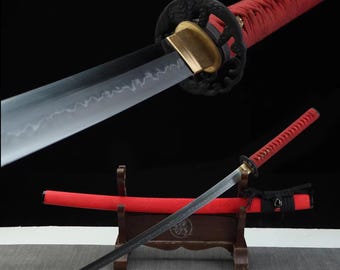Handgjort L6 stål lerhärdat japanskt Katana samuraisvärd full tang ray skinn Saya