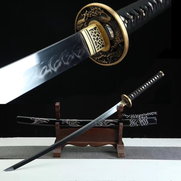 Crane Engraved Katana: T10 Carbon Steel Clay Tempered Samurai Sword Brass Tsuba