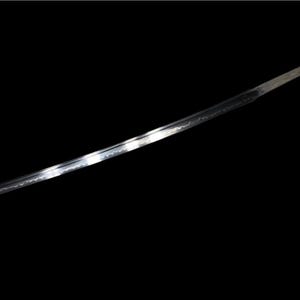 May include: A curved katana blade, silver in colour, with a detailed edge pattern. The blade is set against a black background, highlighting its polished surface and traditional design. The katana's shape suggests a historical or martial arts theme.
