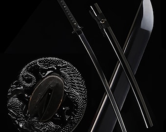 Helsvart drakepolerat samurajsvärd med katana, raffinerat blad, 9260 fjäderstål, full tånge