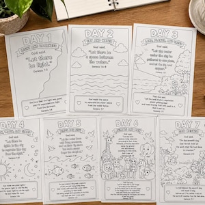 May include: A set of seven black and white coloring pages depicting the seven days of creation. Each page features a title, scripture verses from Genesis, and line art illustrations including the sun, moon, stars, fish, birds, and animals.
