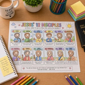 Peut inclure: Une affiche éducative imprimée intitulée Jesus' 12 Disciples présentant douze illustrations numérotées de disciples avec leurs noms et de brèves descriptions, imprimée sur papier blanc avec des bannières et des bordures pastel colorées.