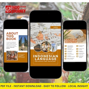 Może przedstawiać: Trzy ekrany smartfonów wyświetlające e-book o języku indonezyjskim. Okładka e-booka przedstawia mapę Indonezji i tytuł "Survival Guide of Indonesian Language for Expats and Travelers."