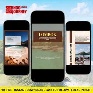 Könnte beinhalten: Drei Smartphones zeigen einen Reiseführer für Lombok, Indonesien. Das Cover des Reiseführers zeigt den Text "LOMBOK ADVENTURE TRAVEL GUIDE 2026". Der Reiseführer enthält eine Packliste, eine Reiseroute und eine Einführung. Der untere Teil des Bildes lautet "PDF FILE - INSTANT DOWNLOAD - EASY TO FOLLOW - LOCAL INSIGHT".