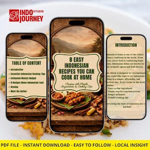 Könnte beinhalten: Drei Smartphones zeigen ein E-Book mit indonesischen Rezepten. Der mittlere Bildschirm zeigt den Titel 8 Easy Indonesian Recipes You Can Cook At Home. Der linke Bildschirm listet das Inhaltsverzeichnis und der rechte den Einführungstext.