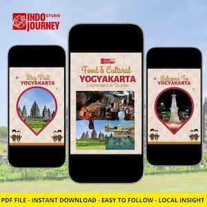 May include: Three smartphones displaying a digital travel guide titled Food & Cultural YOGYAKARTA Experience Guide. The screens feature text including Why Visit YOGYAKARTA and Welcome To YOGYAKARTA, alongside images of temples, local food, and the Tugu monument.