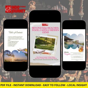 Könnte beinhalten: Drei Smartphones zeigen einen digitalen Reiseführer mit dem Titel Beyond Bali Beaches: Food, Cafés & Hidden Gems. Die Bildschirme zeigen ein Inhaltsverzeichnis, ein Deckblatt mit Reisterrassen und eine Seite mit abschließenden Gedanken.