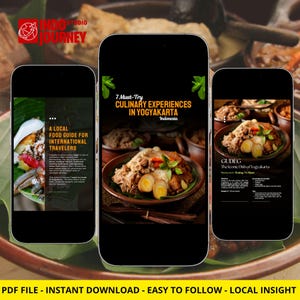 Op de afbeelding: Drie smartphones tonen een digitale voedselgids voor Yogyakarta, Indonesië. De schermen tonen tekst met de titels 7 Must-Try Culinary Experiences in Yogyakarta, A Local Food Guide for International Travelers en Gudeg, The Iconic Dish of Yogyakarta.