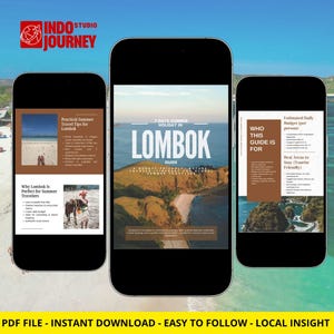 Pode incluir: Três smartphones exibindo um guia de viagem para Lombok, Indonésia. O guia apresenta dicas de viagem de verão, incluindo praias, orçamento e cultura local. O guia está disponível como um arquivo PDF.