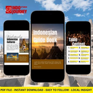 Pode incluir: Três smartphones exibindo um guia de cultura indonésia. O telefone central mostra a capa do "Guia de Cultura Indonésia". O telefone esquerdo mostra "Compreendendo as culturas indonésias". O telefone direito mostra o sumário.