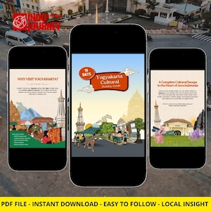 May include: Three smartphones displaying a digital travel guide for Yogyakarta, Indonesia. The screens feature illustrations of traditional architecture, horse-drawn carriages, and text detailing cultural highlights, temples, and local travel information.