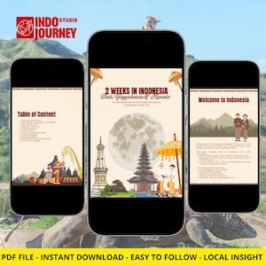 May include: Three smartphones displaying a digital travel guide titled 2 Weeks in Indonesia. The screens show a table of contents, a cover page with a moon and temple illustration, and a welcome page with text and figures in traditional clothing.