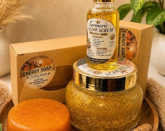 Set de cuidado facial con cúrcuma / Kit iluminador (jabón, exfoliante, sérum) / Tratamiento aclarante para manchas oscuras y acné / Cuidado de la piel natural hecho a mano