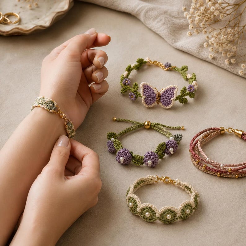K&ouml;nnte beinhalten: Eine Sammlung handgefertigter H&auml;kelarmb&auml;nder in verschiedenen Designs. Die Armb&auml;nder weisen Blumen-, Schmetterlings- und Perlenmuster in Gr&uuml;n, Lila und Creme auf. Ein Armband wird am Handgelenk befestigt, was die filigrane Handwerkskunst zeigt.