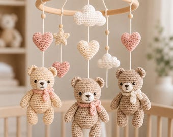 Crochet Baby Mobile Pattern PDF, Teddy Bear Nursery Mobile, Crochet Pattern for Baby Shower Gift, Puffy Hearts, Clouds, and a Padded Star