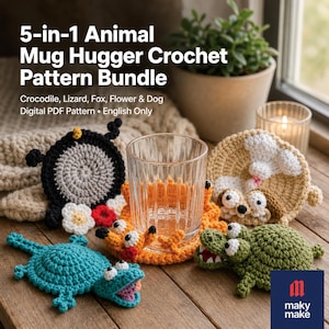 Lizard, Crocodile, Fox, Flower & Dog Crochet Pattern Bundle | 5-in-1 Mug Hugger Coaster PDF