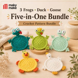 Peut inclure: Un ensemble de modèles au crochet intitulé Five-in-One Bundle comprenant trois grenouilles, un canard et une oie. Le lot inclut cinq dessous de verre circulaires au crochet sur le thème des animaux en bleu sarcelle, vert, jaune et blanc.