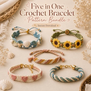 Könnte beinhalten: Fünf Häkelarmbänder in verschiedenen Designs, darunter Muscheln, Sonnenblumen und Herzmuster. Die Armbänder sind in Blau-, Grün-, Rosa- und Gelbtönen gehalten. Das Bild enthält den Text "Five in One Crochet Bracelet Pattern Bundle" und "Instant Download."