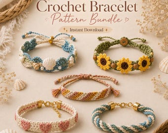 Sunflower Bracelet Crochet Pattern PDF, 5 in 1 Crochet Bracelet Bundle, Boho Jewelry Pattern, Instant Download