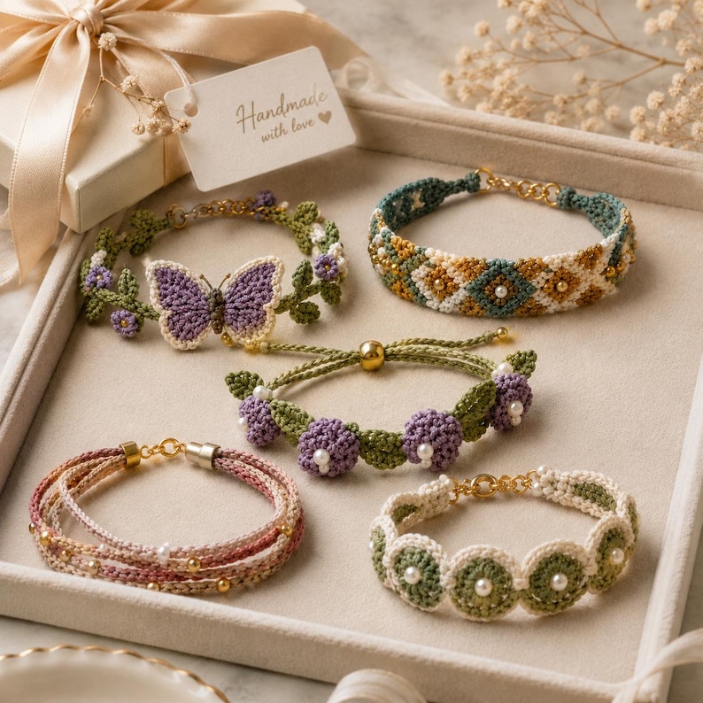 K&ouml;nnte beinhalten: Eine Sammlung handgefertigter H&auml;kelarmb&auml;nder in verschiedenen Designs. Ein Armband zeigt einen lila Schmetterling, andere florale Muster, geometrische Formen und Perlenakzente. Die Armb&auml;nder werden auf einem Tablett in neutralen T&ouml;nen pr&auml;sentiert. Ma&szlig;e in Zentimetern.