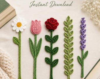 Crochet Bookmark Pattern PDF, Wildflower Stem Bookmark Set, Daisy Tulip Rose Lavender, Book Lover Gift
