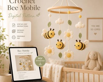Baby mobile Crochet Pattern PDF, Honeybee Garden Nursery Mobile Decoration, Crochet Bee Mobile Pattern for Baby Shower Gift