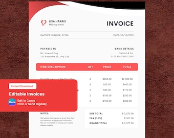 Red Black Modern Invoice Letterhead Canva | Editable Business Billing Template Printable PDF