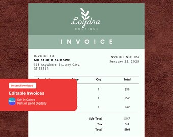 Green Feminine Boutique Invoice Canva | Beauty Business Billing Template Printable PDF
