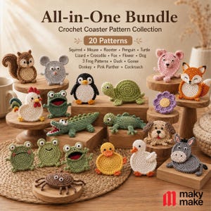 Puede incluir: Un conjunto de patrones de posavasos de ganchillo All-in-One Bundle con 20 diseños que incluyen ardilla, ratón, gallo, pingüino, tortuga, lagarto, cocodrilo, zorro, flor, perro, tres ranas, pato, ganso, burro, pantera rosa y cucaracha.