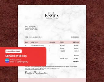 Black White Pink Marble Beauty Invoice Canva | Modern Calligraphy Billing Template PDF