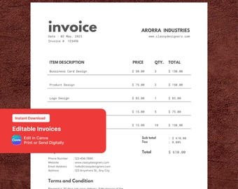 Black White Minimal Service Invoice Canva | Clean Design Billing Template Printable PDF