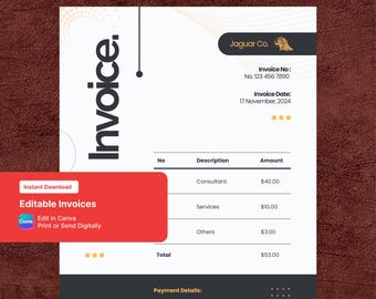 Black Stylish Sleek Business Invoice Canva | Simple Professional Billing Template PDF Printable Editable