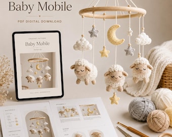 Baby Mobile Crochet Pattern PDF, Sleepy Lamb Moon Cloud Nursery Mobile, Crochet Lamb Pattern for Baby Shower Gift