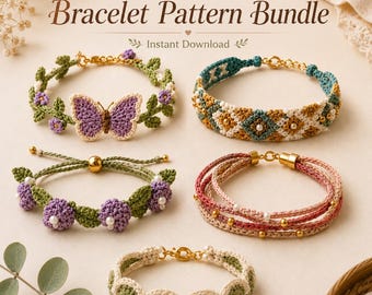 Crochet Bracelet Pattern PDF, 5 in 1 Jewelry Bundle, Flower Bracelet Pattern, Instant Download Gift, Flowers, Pearls, Beads, Scallops, Woven