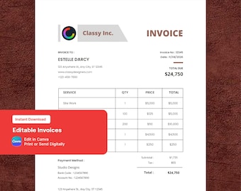 Editable Invoice Template for Small Business, Canva Digital Bill Receipt Order Form, Brown White