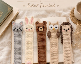 Crochet Bookmark Pattern PDF, Woodland Animal Bookmark Bundle, Cat Bunny Bear Owl Hedgehog, Book Lover Gift
