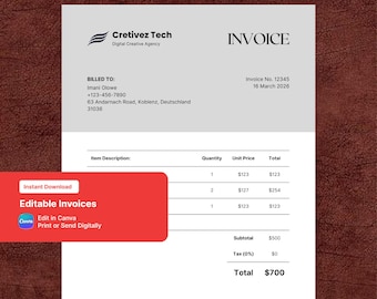 Black White Minimal Agency Invoice Canva | Clean Professional Billing Template Printable PDF