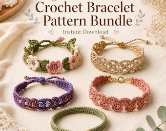 May include: Five crochet bracelets in various colors and designs are displayed. The bracelets include floral, open weave, and beaded styles. The text "Five in One Crochet Bracelet Pattern Bundle" is at the top, with "Instant Download" below.