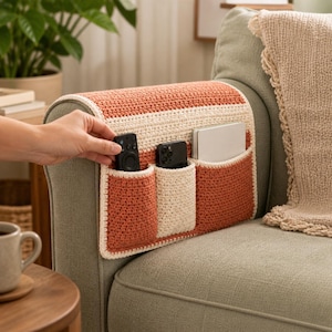 May include: Crocheted sofa armrest organizer in shades of orange and cream. Features multiple pockets for storing remote controls, phones, and other small items. The organizer is placed on a green sofa arm.