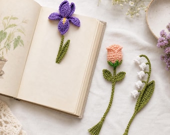 Crochet Bookmark Pattern PDF, Flower Bookmark Trio, Rosebud Purple Flower Lily of the Valley, Book Lover Gift