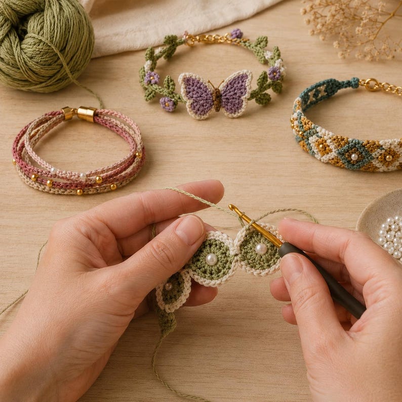 K&ouml;nnte beinhalten: Eine Sammlung handgefertigter H&auml;kelarmb&auml;nder in verschiedenen Designs und Farben, darunter Schmetterlings-, Blumen- und geometrische Muster. Das Bild zeigt auch eine Person, die ein Armband mit H&auml;kelnadel und Garn h&auml;kelt, sowie einen gr&uuml;nen Garnkn&auml;uel.
